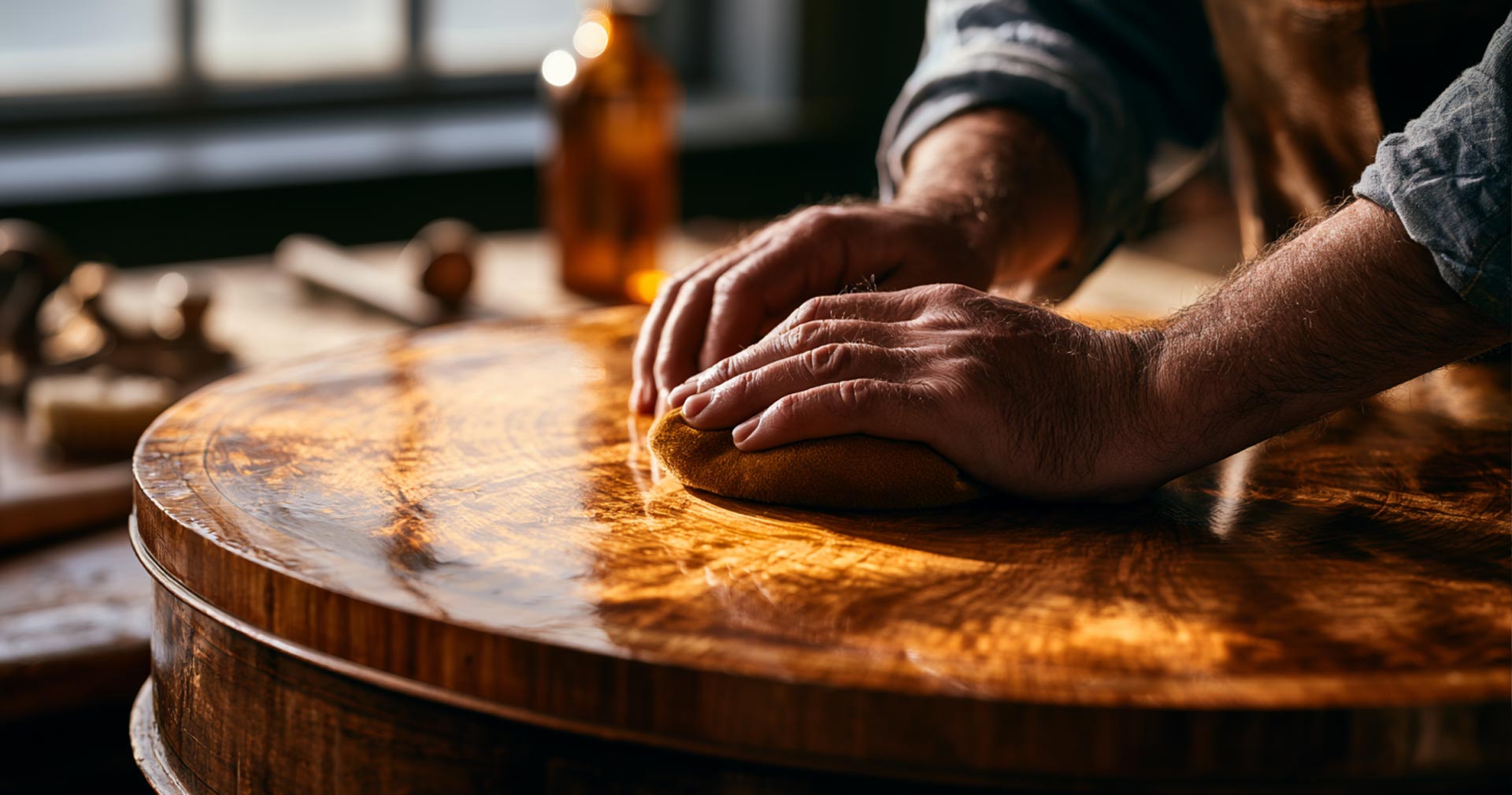 Close-up of an experienced furniture restorer’s hands carefully French polishing a rich timber tabletop with a traditional cloth rubber, warm shellac glow building across the wood grain