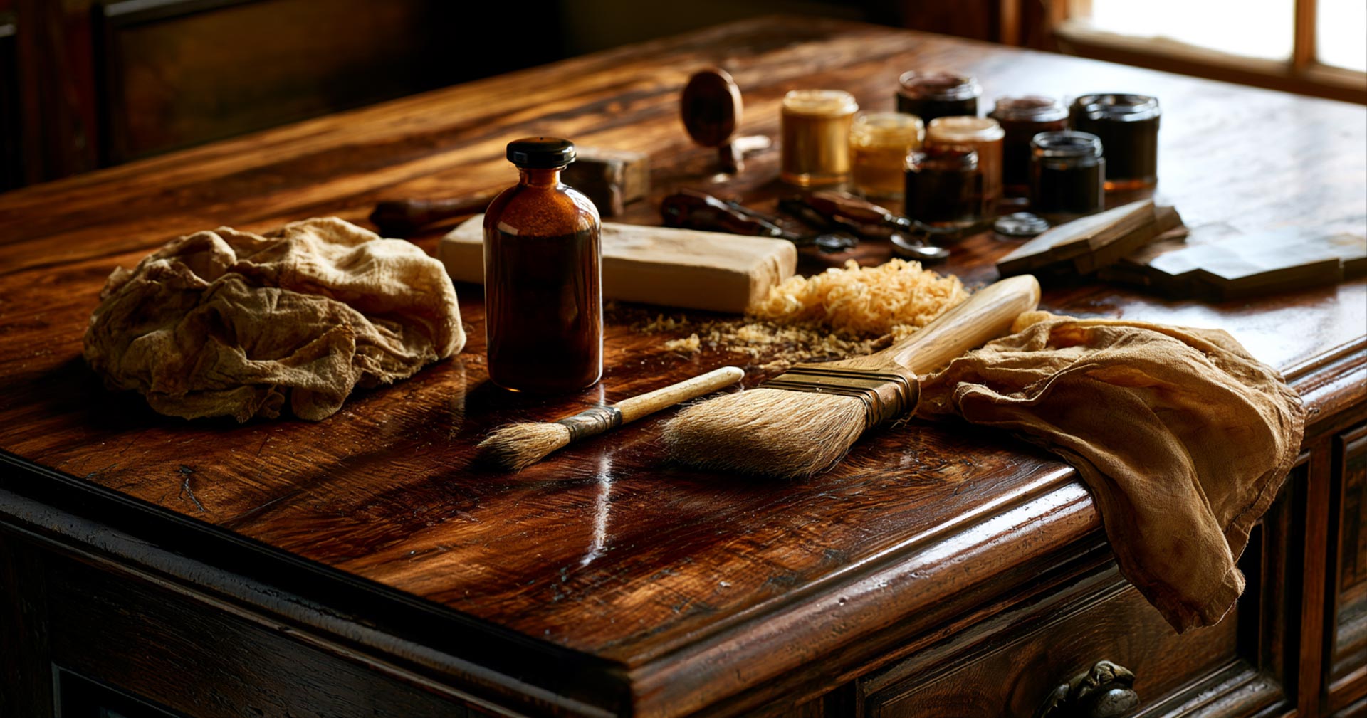 Elegant still life of a traditional furniture restoration and French polishing workshop, carefully arranged artisan tools on a solid timber workbench