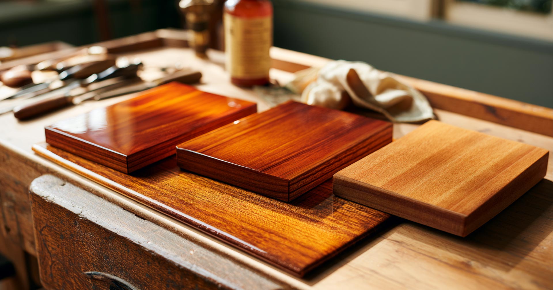 three elegant timber sample boards with visibly different finishes: warm French polished depth, smooth lacquer sheen, and a softer modern matte finish